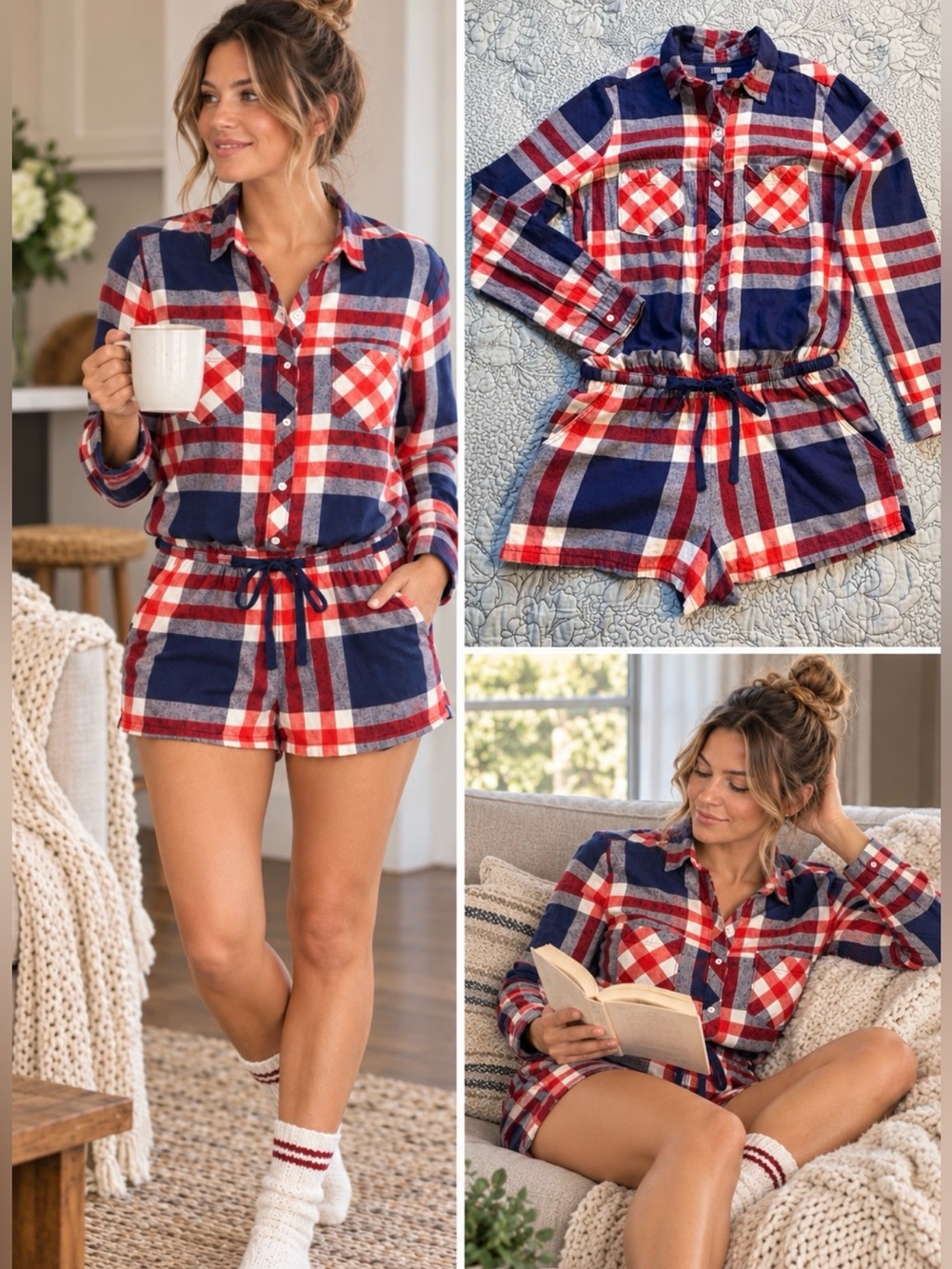 💥Aerie Plaid Flannel Pajama Romper Button Front Drawstring Red Navy Sz M💛